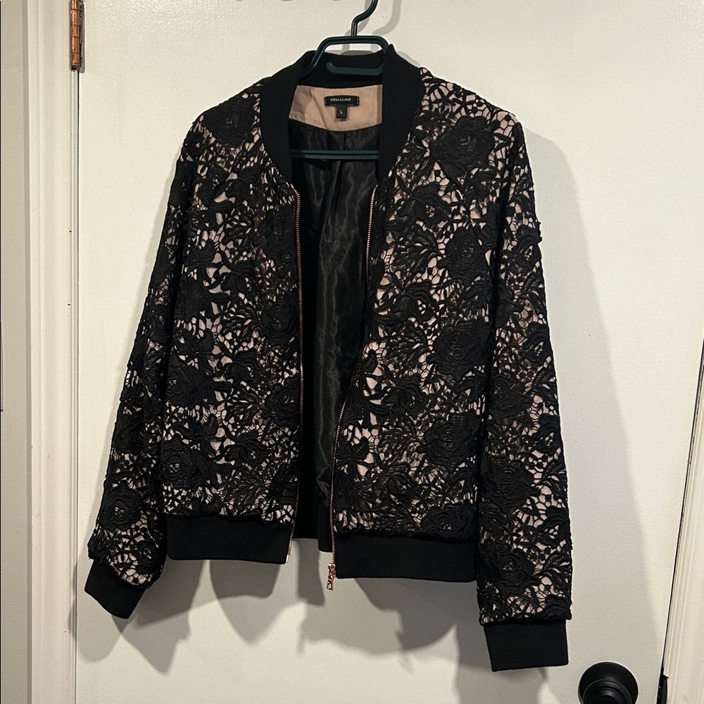 Stella & Dot Black Lace Bomber Jacket with Blush Underlay